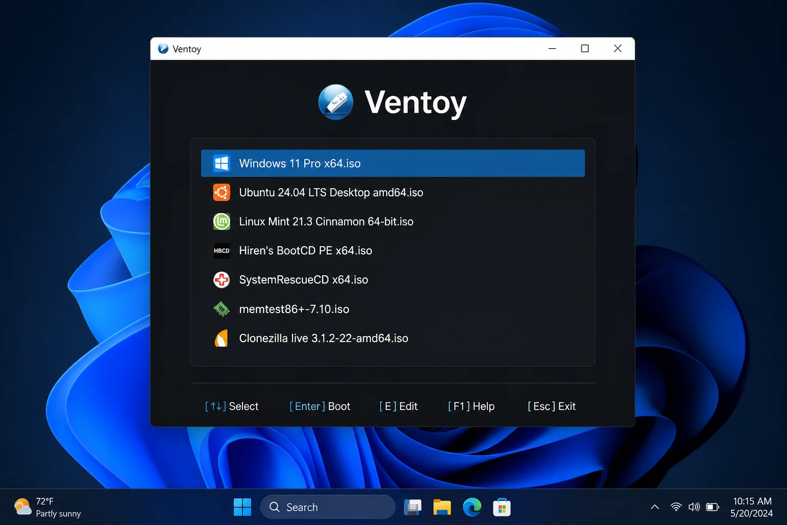 Ventoy boot menu on a dark background listing multiple ISO files — Windows 11, Ubuntu, and a diagnostics tool — with