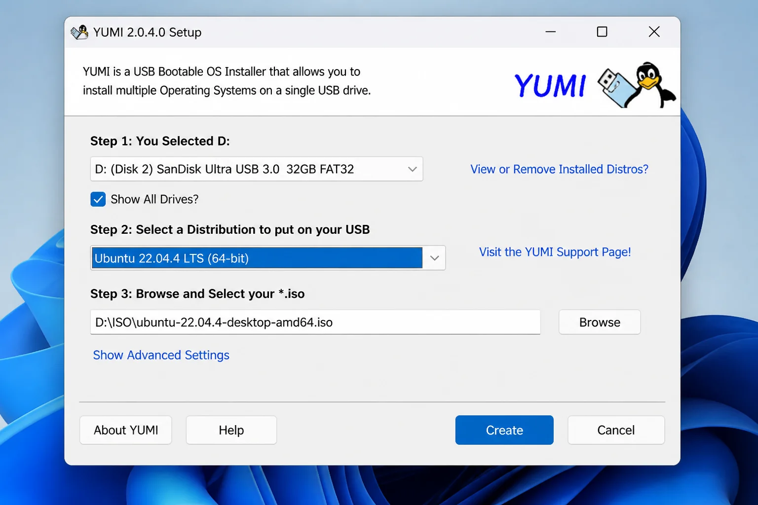 YUMI main window showing Step 1 (Select Your Drive), Step 2 (Select a Distribution to put on the Drive), and Step 3 (Browse