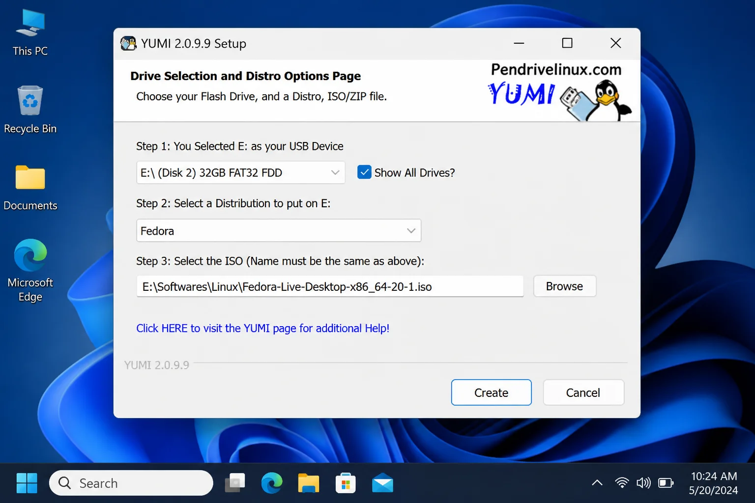 YUMI with a USB drive letter selected in Step 1, a Linux distribution chosen in Step 2, and an ISO file path filled in Step