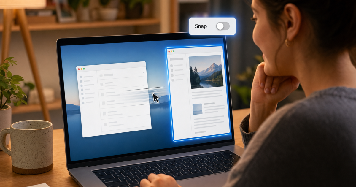 Person working on a laptop at a wooden desk, with two overlapping windows on screen and a floating 'Snap' toggle above.