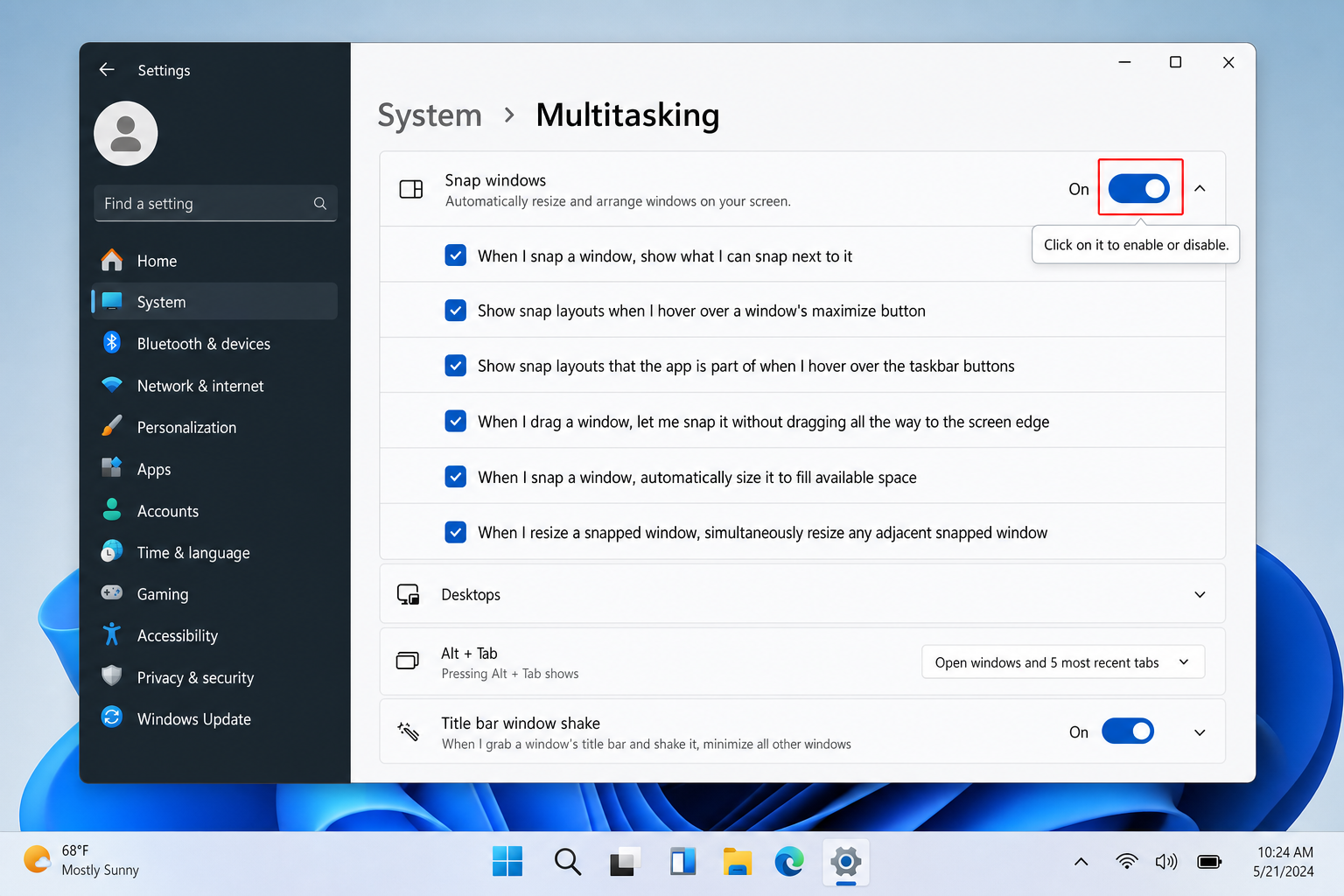 Windows 11 Settings > System > Multitasking with the "Snap windows" toggle highlighted in the On position, ready to be turned Off