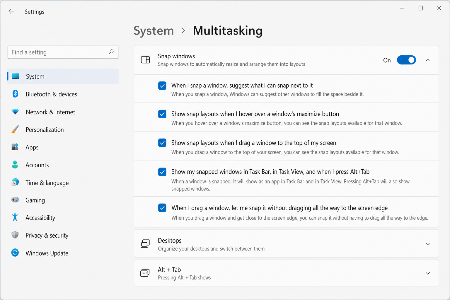 Windows 11 Settings > System > Multitasking showing Snap windows sub-options expanded with checkboxes visible