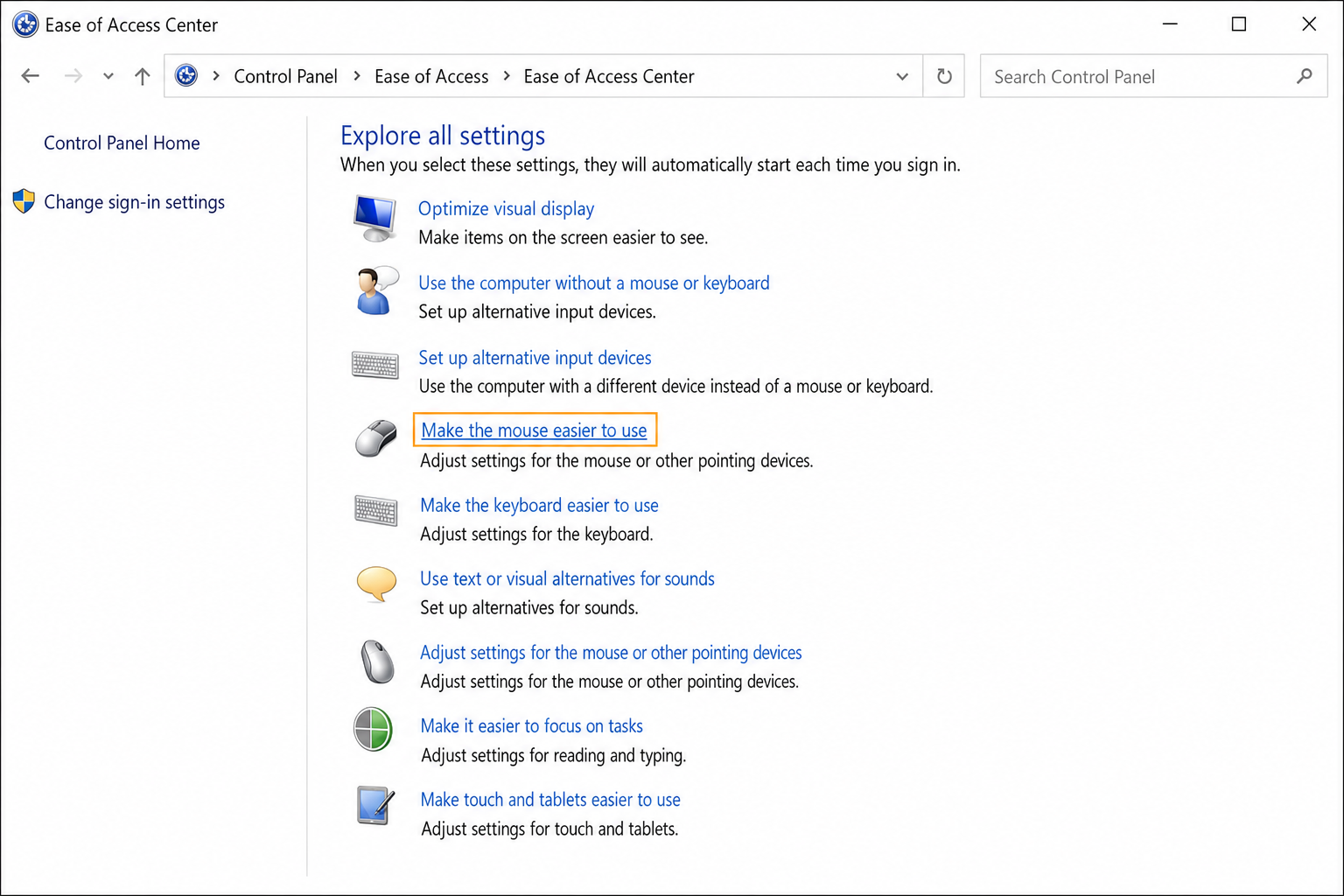 Control Panel > Ease of Access Center with "Make the mouse easier to use" link highlighted