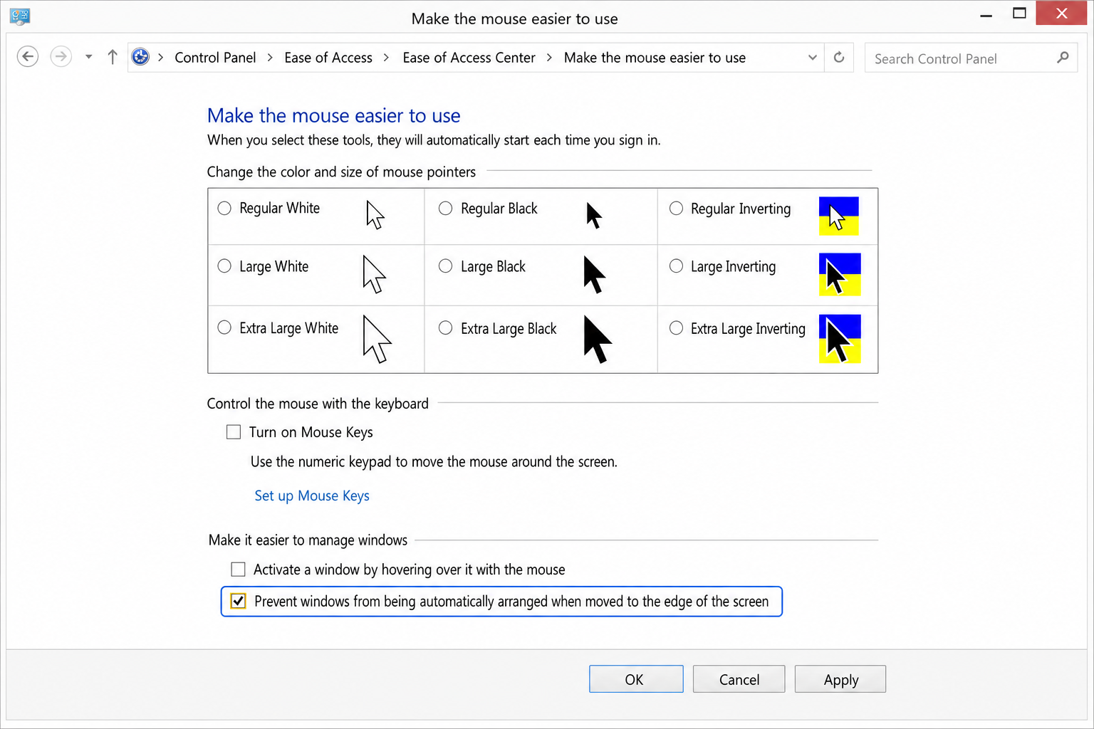 Ease of Access Center "Make the mouse easier to use" page with "Prevent windows from being automatically arranged when moved to the edge of the screen" checkbox highlighted