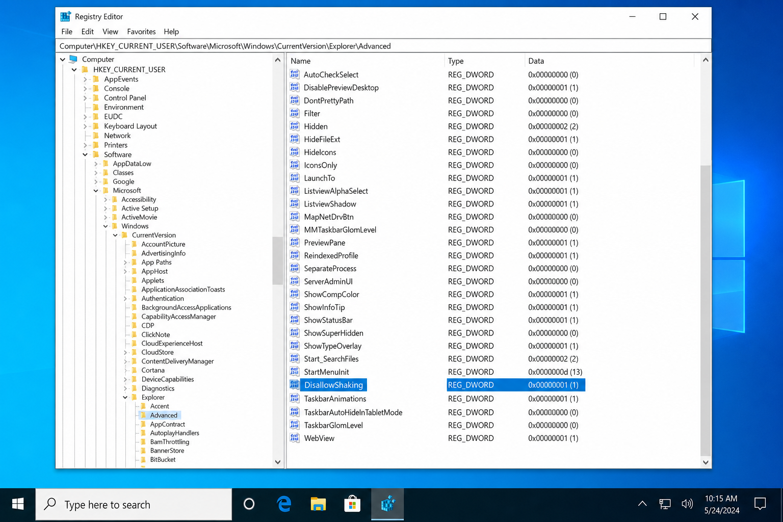 Registry Editor showing HKEY_CURRENT_USER\Software\Microsoft\Windows\CurrentVersion\Explorer\Advanced with DisallowShaking DWORD value set to 1