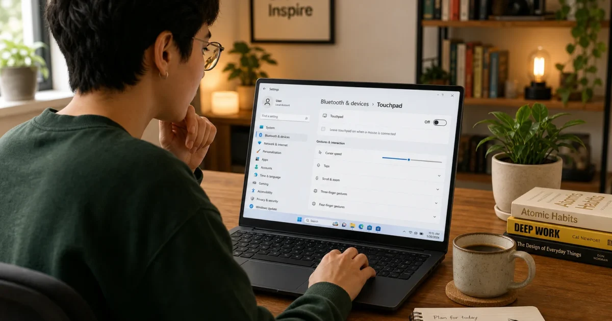 Person seated at a laptop adjusting Bluetooth and touchpad settings on Windows, with a plant and books in the background.