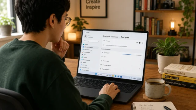 Person seated at a laptop adjusting Bluetooth and touchpad settings on Windows, with a plant and books in the background.