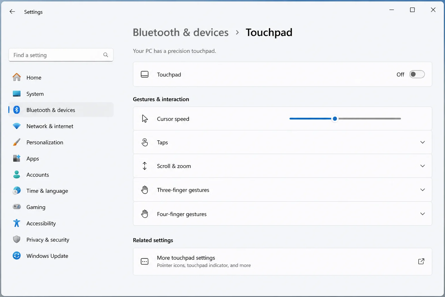 Windows 11 Settings > Bluetooth & devices > Touchpad, with the Touchpad toggle at the top switched to Off