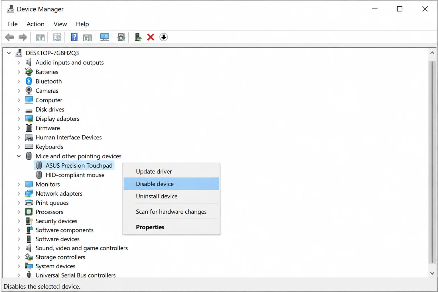 Device Manager with "Mice and other pointing devices" expanded, a touchpad entry right-clicked showing the "Disable device"