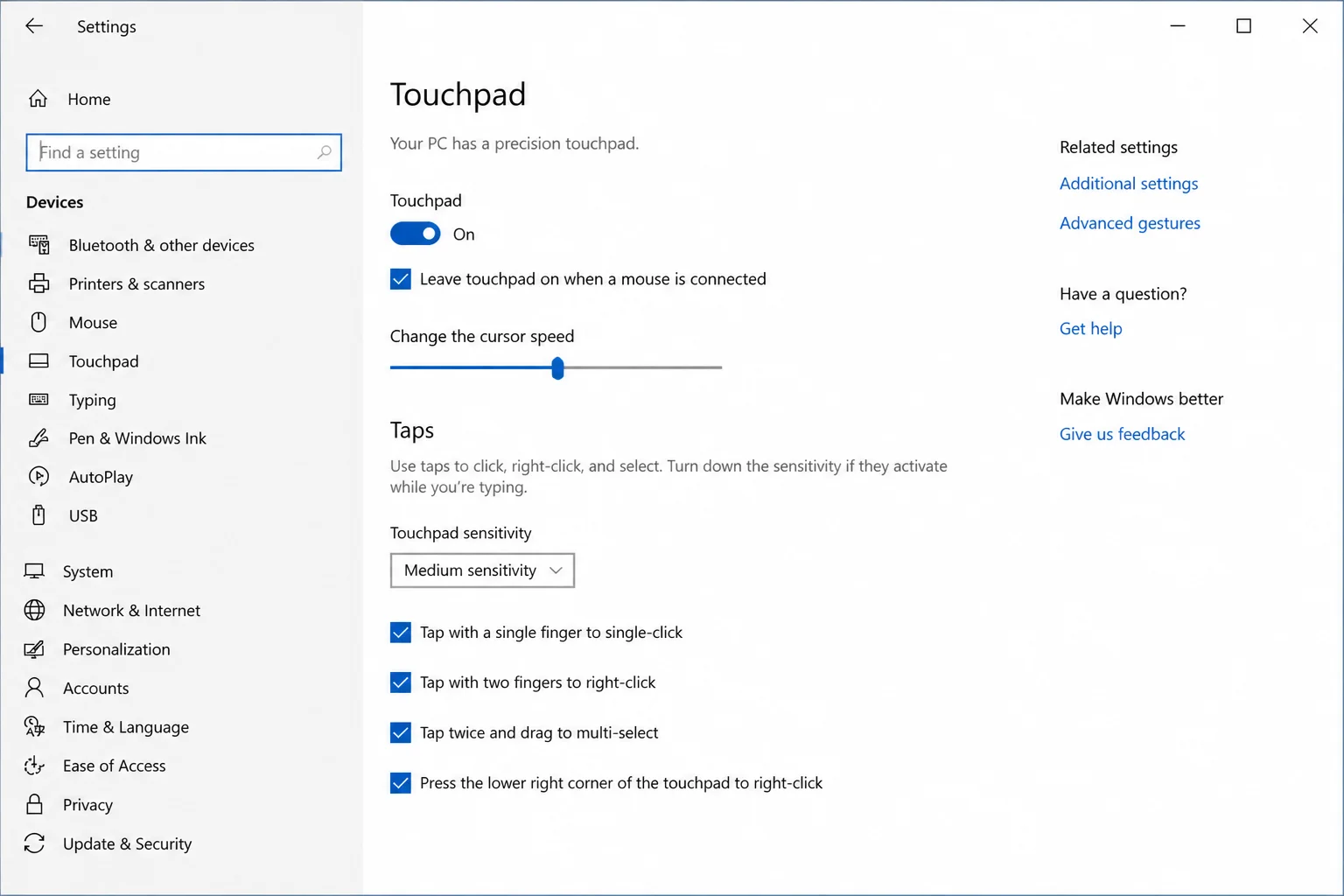Windows 10 Settings > Devices > Touchpad with the Touchpad toggle switched to Off