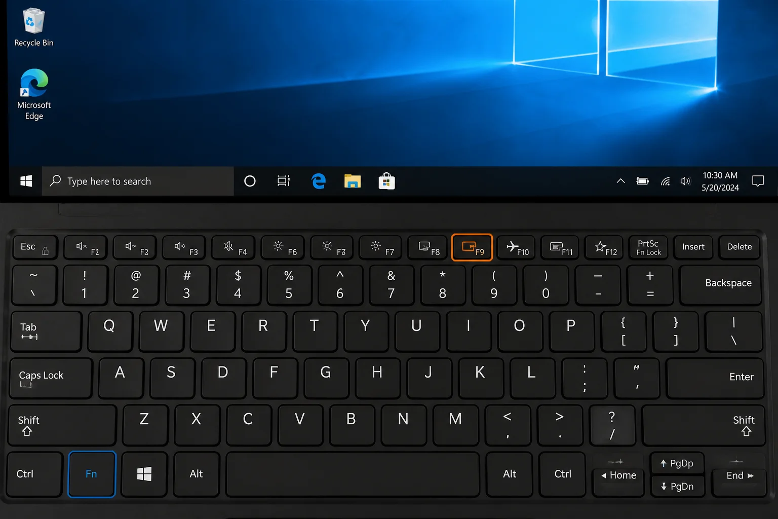 Close-up of a laptop keyboard function row with the touchpad toggle key (showing a touchpad rectangle icon) highlighted