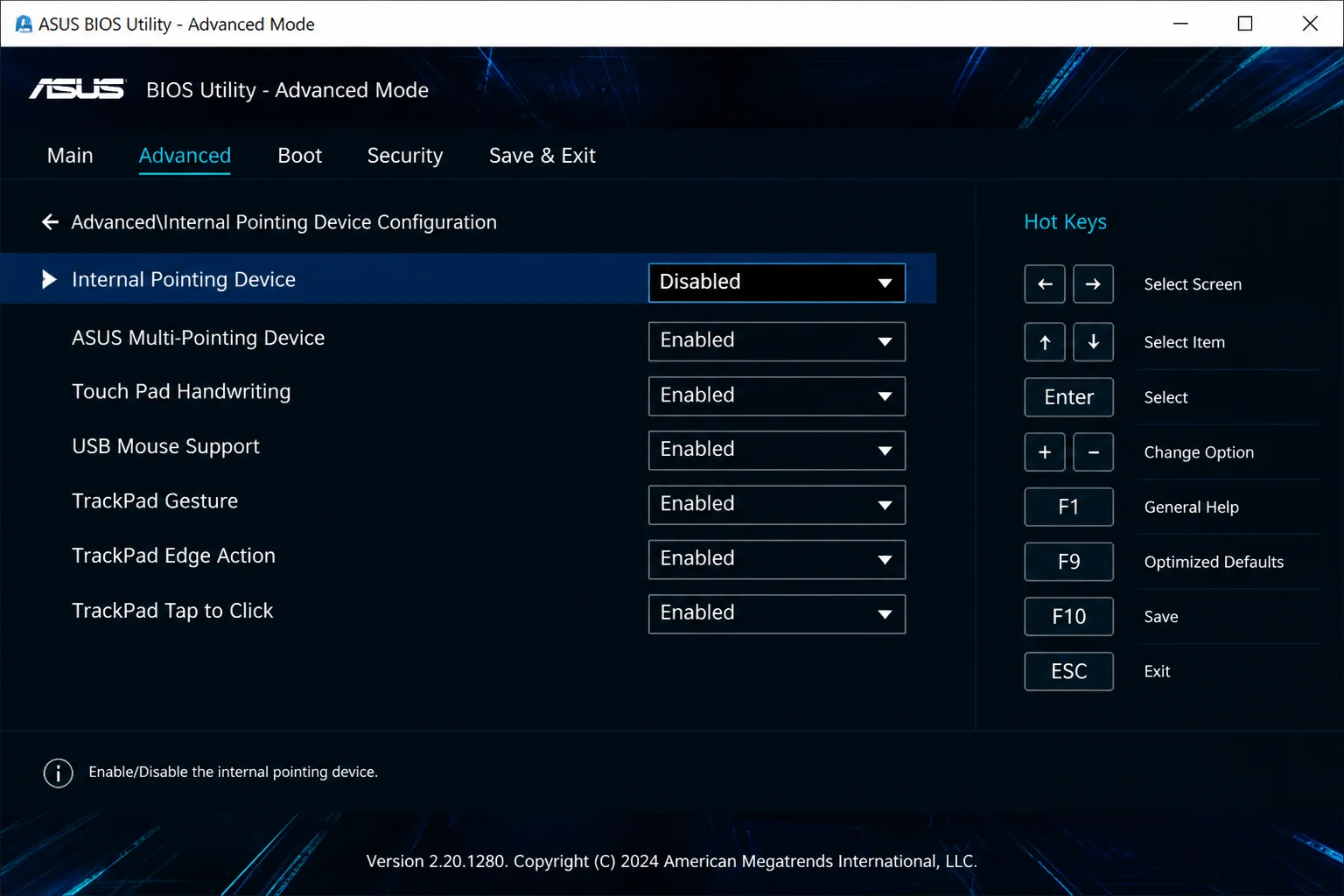 BIOS/UEFI Advanced settings screen showing an "Internal Pointing Device" or "Touchpad" option set to Disabled