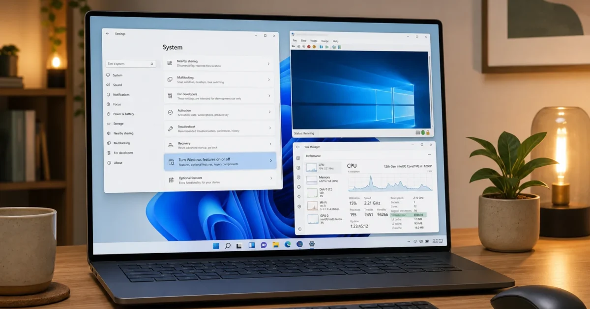 Laptop on a wooden desk showing Windows Settings and Task Manager, with a keyboard, mouse, plant, mug, and warm lamp in the background.
