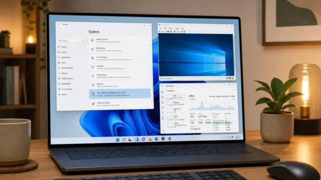 Laptop on a wooden desk showing Windows Settings and Task Manager, with a keyboard, mouse, plant, mug, and warm lamp in the background.