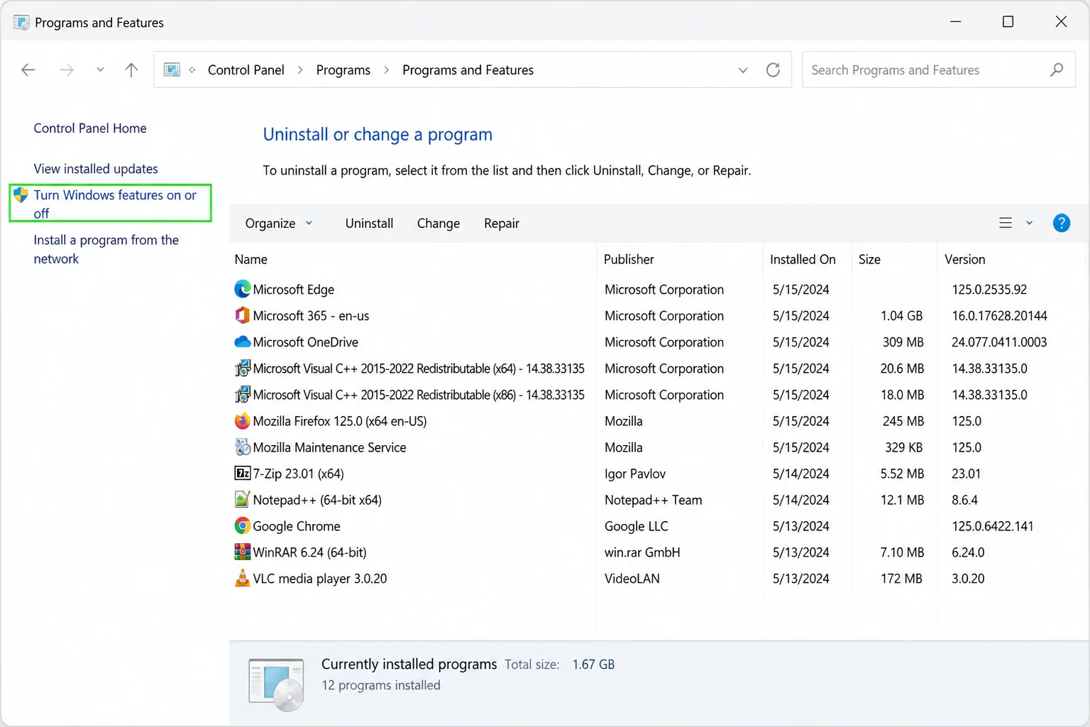 Control Panel Programs and Features with "Turn Windows features on or off" link highlighted in the left pane