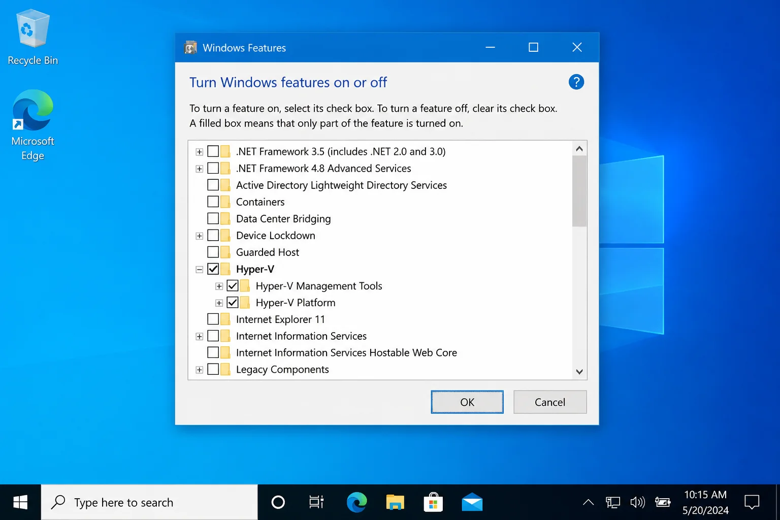 Windows Features dialog with Hyper-V checked and sub-components Hyper-V Management Tools and Hyper-V Platform visible