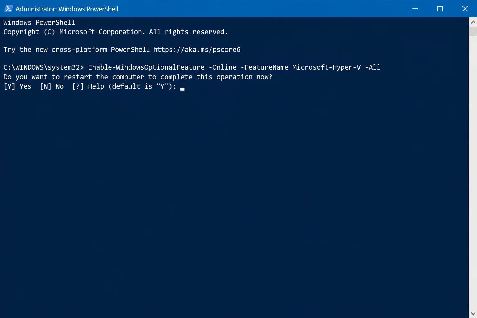 Elevated PowerShell window showing the Enable-WindowsOptionalFeature command completing and prompting for restart with Y/N