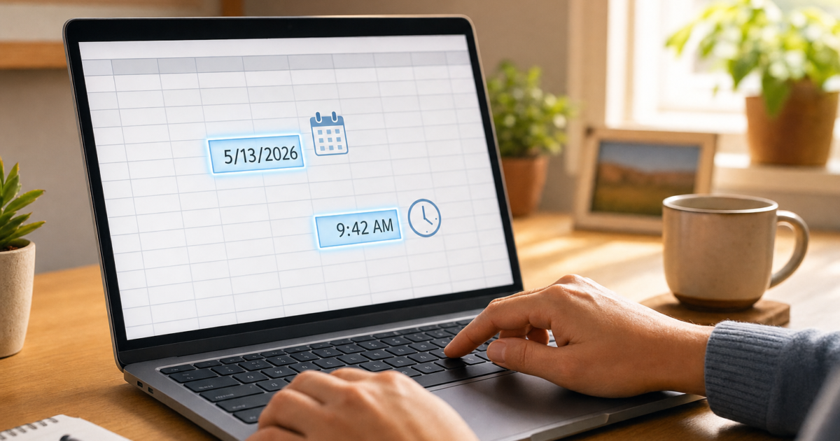 Person typing on a laptop displaying a calendar date 5/13/2026 and time 9:42 AM with calendar and clock icons on a wooden desk.