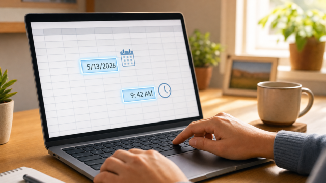 Person typing on a laptop displaying a calendar date 5/13/2026 and time 9:42 AM with calendar and clock icons on a wooden desk.