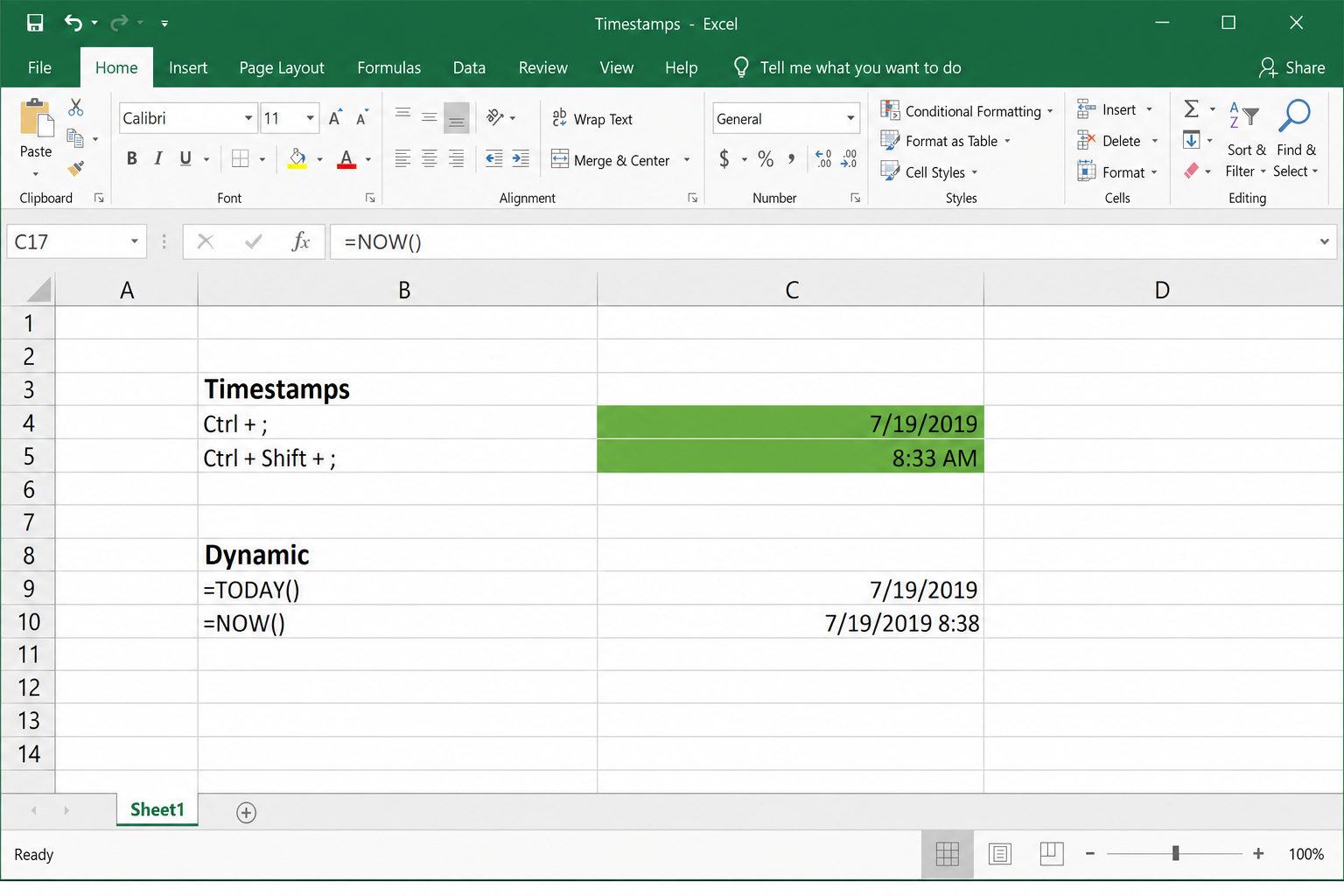 Excel spreadsheet with a cell selected showing today's date inserted via Ctrl+