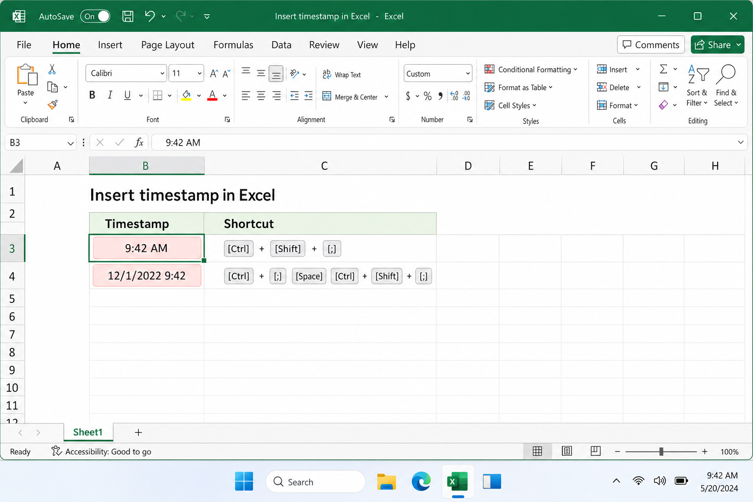 Excel spreadsheet with a cell selected showing a static time value, e.g. 9:42 AM, inserted via Ctrl+Shift+: shortcut
