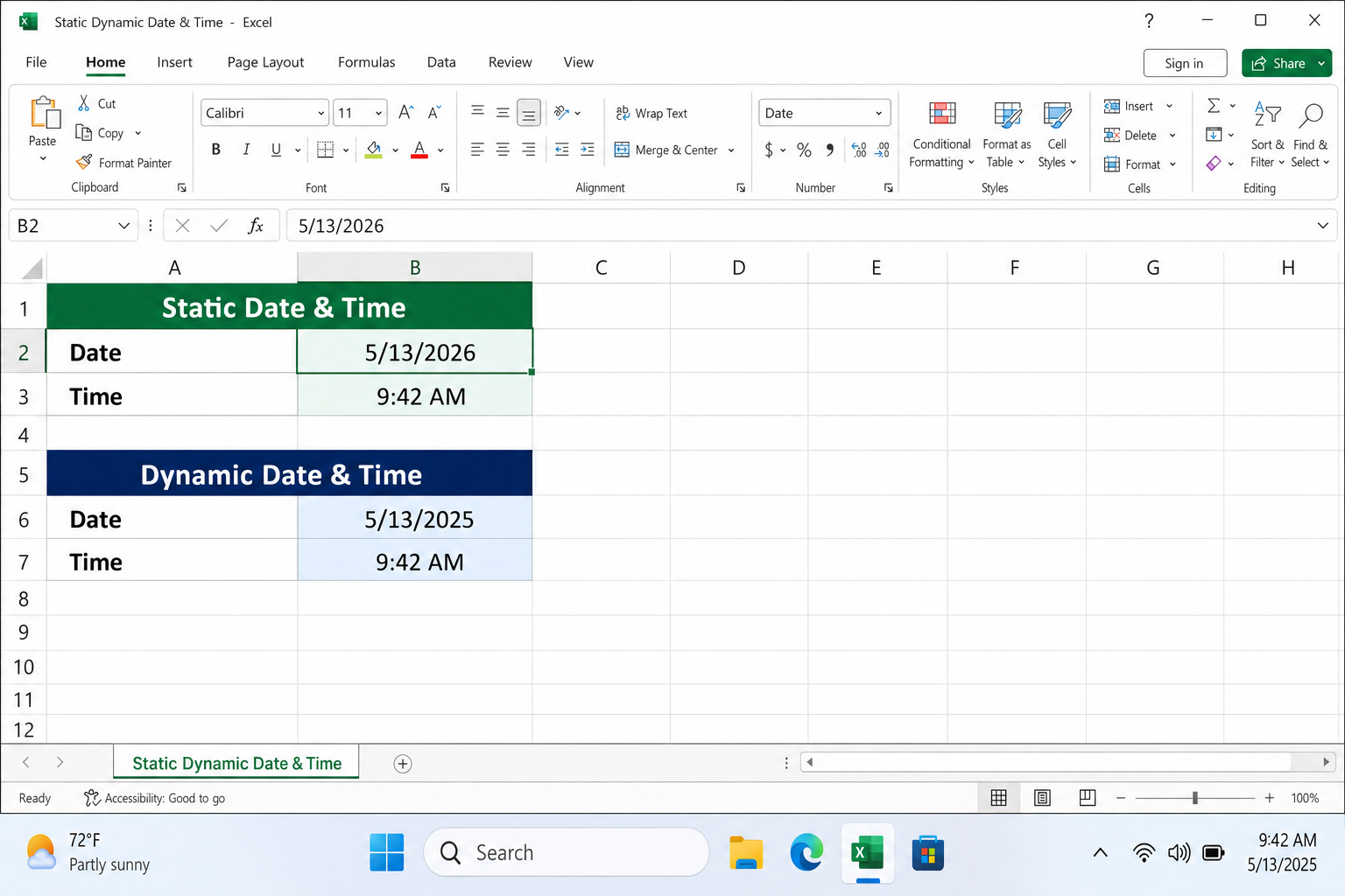 Excel cell showing a combined static date and time stamp, e.g. 5/13/2026 9:42 AM, after using the Ctrl+