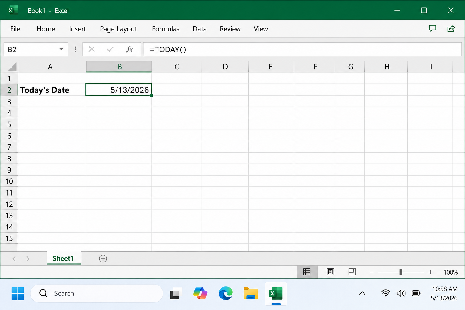 Excel cell containing the formula =TODAY() with today's date displayed, e.g. 5/13/2026, and the formula bar showing =TODAY()