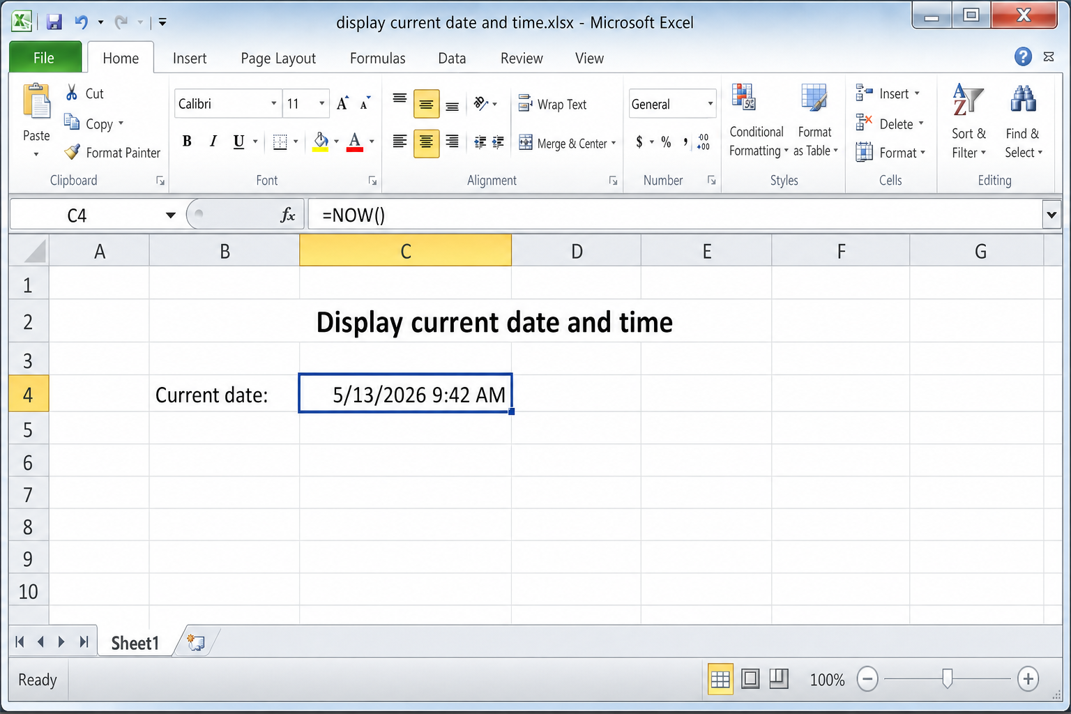 Excel cell containing =NOW() showing the current date and time, e.g. 5/13/2026 9:42 AM, with the formula bar visible