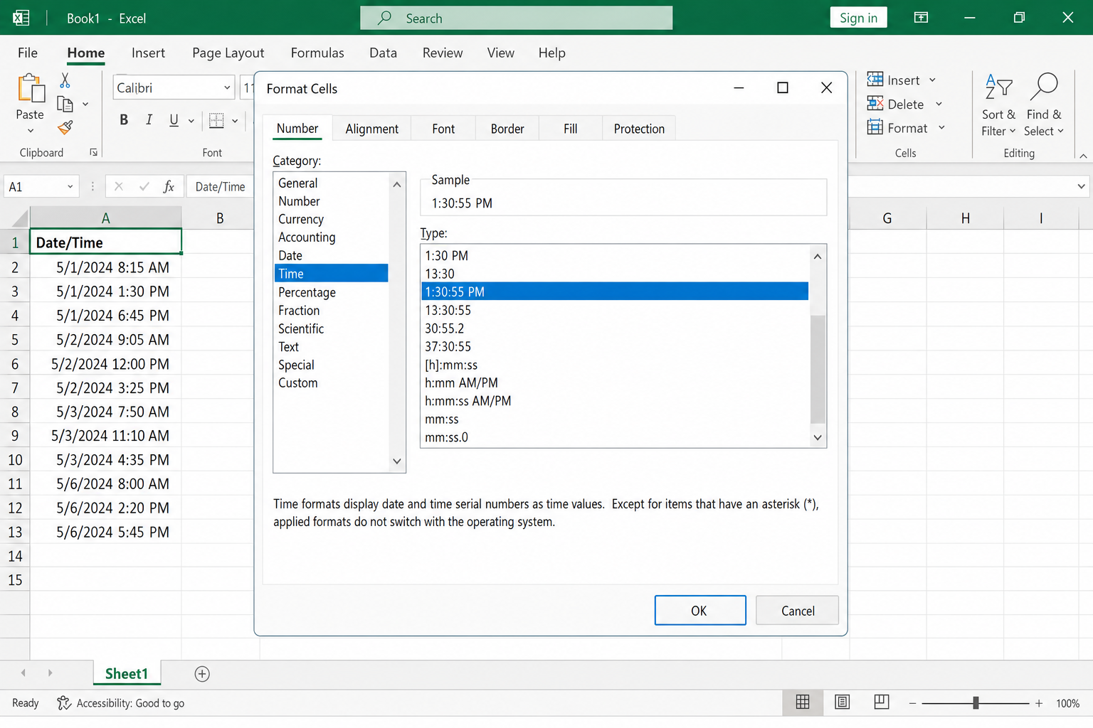 Format Cells dialog open on the Number tab with Time category selected, showing time format options