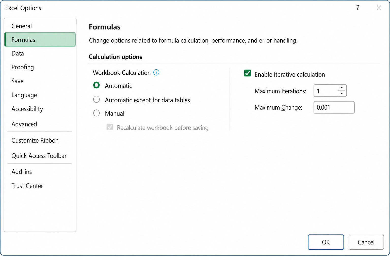 Excel Options dialog open on the Formulas page with Enable iterative calculation checked and Maximum Iterations set to 1