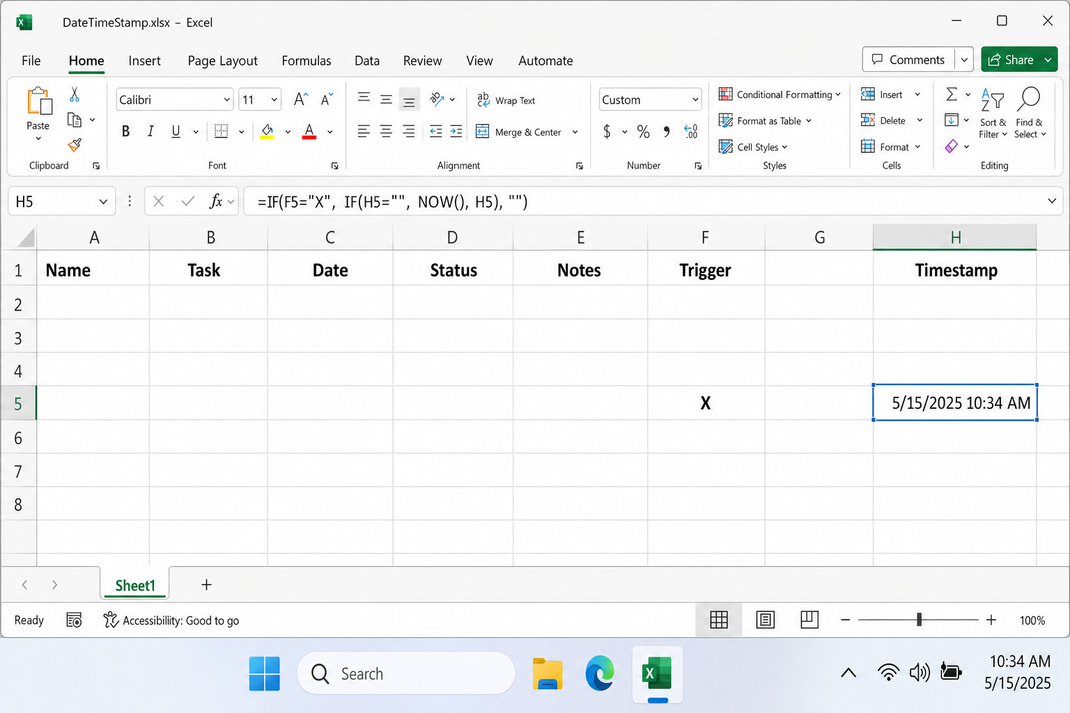Excel spreadsheet showing the iterative timestamp formula in cell H5 with the formula bar visible, and column F showing a trigger value like "X" in F5 with a resulting timestamp in H5