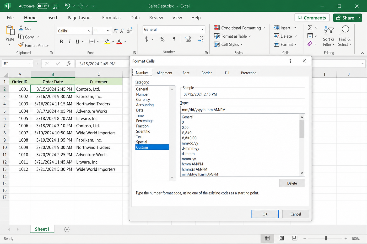 Format Cells dialog on the Number tab with Custom category selected and mm/dd/yyyy h:mm AM/PM entered in the Type field, with a preview showing a formatted date-time value