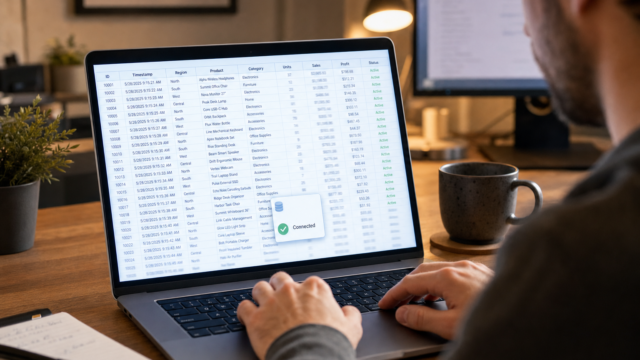 Person typing on a laptop displaying a large spreadsheet with many rows of data and a green 'Connected' badge overlay.