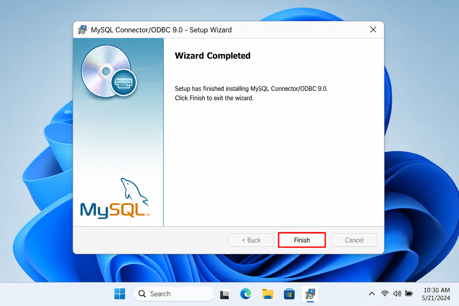 MySQL Connector/ODBC 9.0 installer completion screen on Windows 11