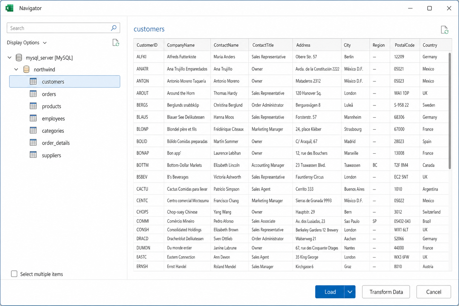 Power Query Navigator pane showing MySQL database tables in the left panel with a data preview on the right