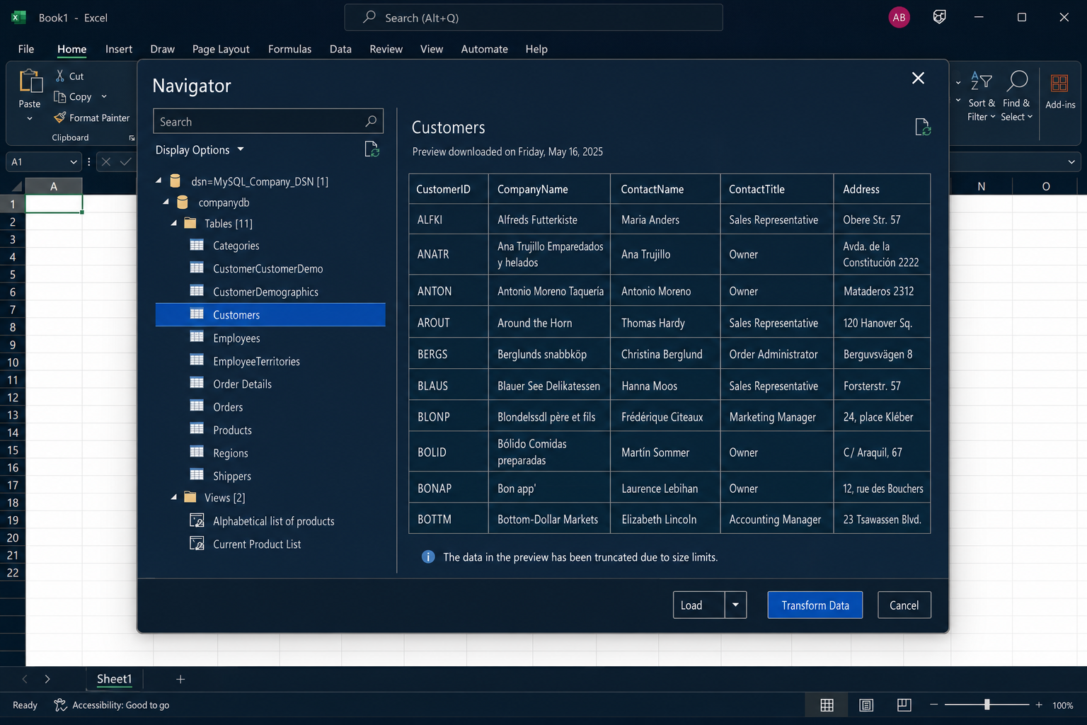 Power Query Navigator with Load and Transform Data buttons visible at the bottom