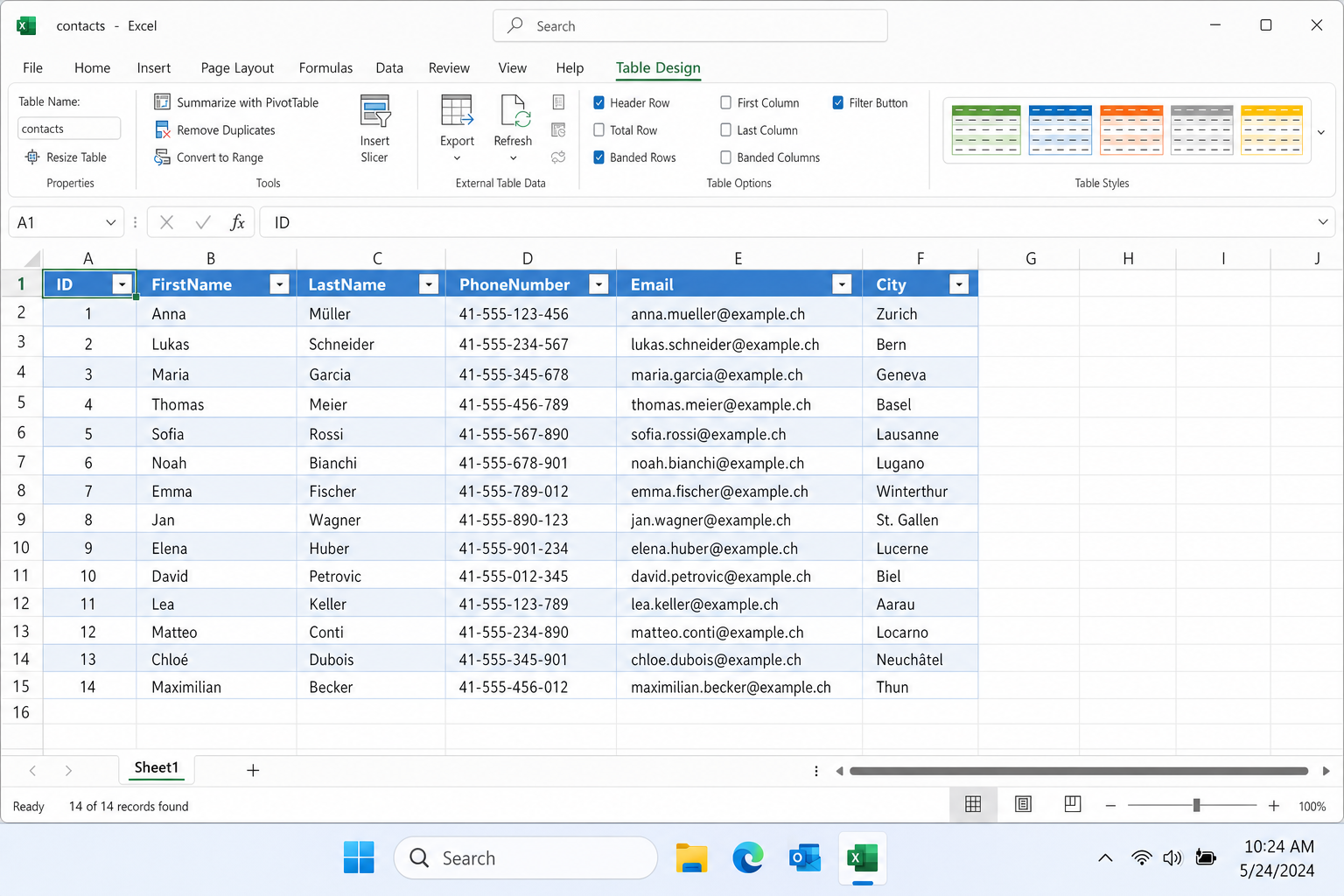 Excel spreadsheet showing imported MySQL table data as a formatted Excel table with column headers and filter dropdowns