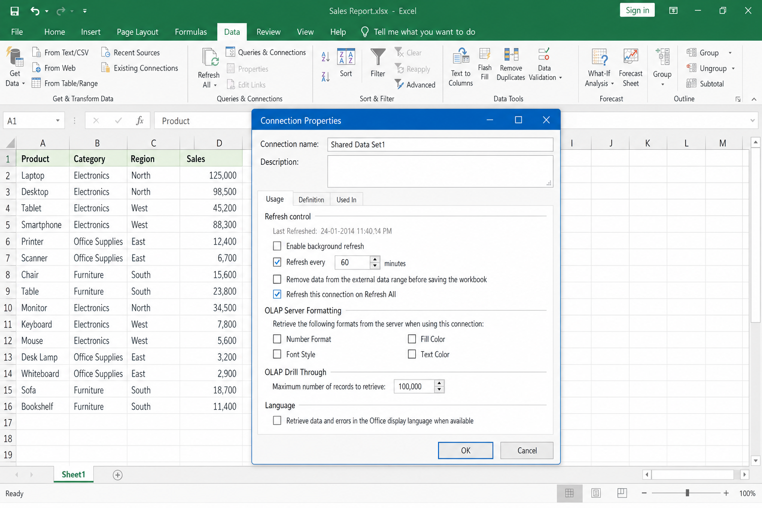 Excel Connection Properties dialog with "Refresh every" checkbox enabled and interval set