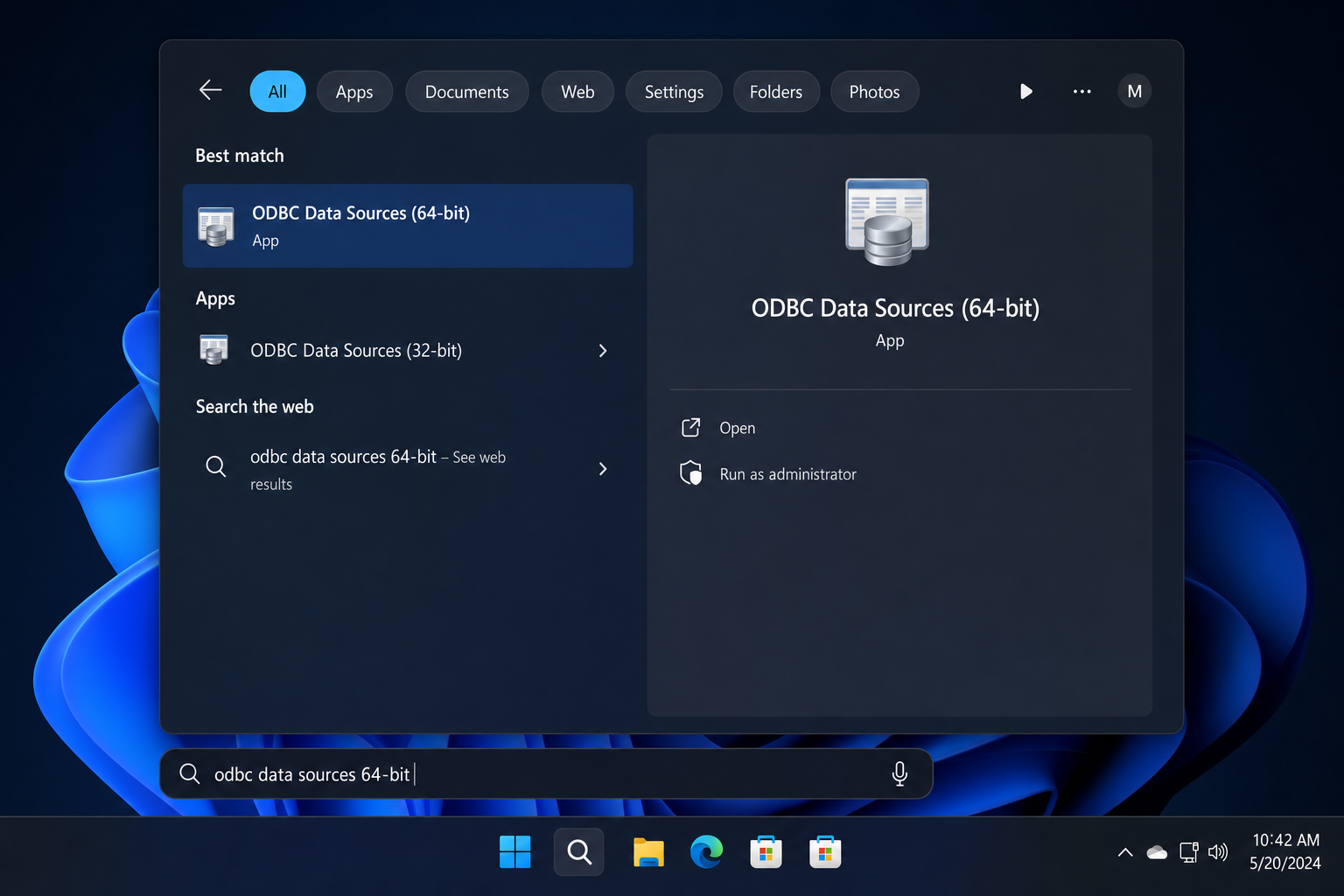 Windows 11 search results showing "ODBC Data Sources (64-bit)" highlighted in the Start menu