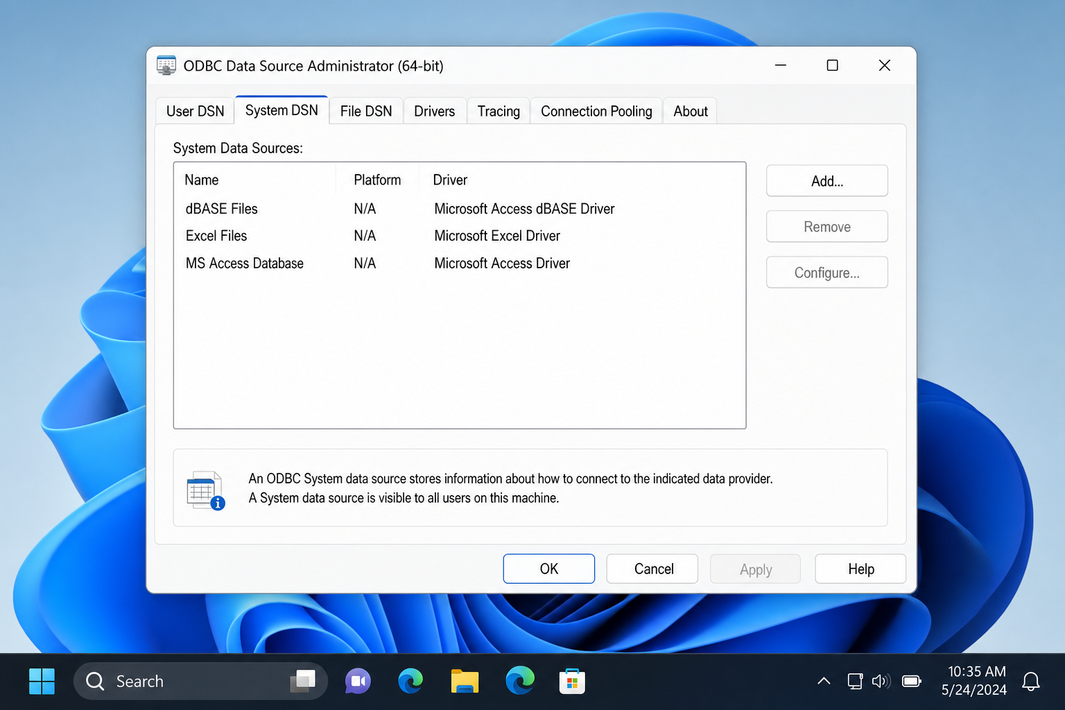 ODBC Data Source Administrator window on Windows 11 with System DSN tab selected and Add button visible