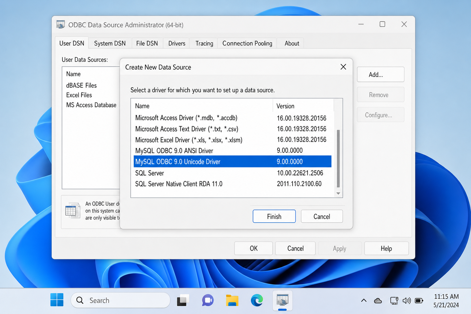 Create New Data Source dialog with "MySQL ODBC 9.0 Unicode Driver" highlighted in the driver list