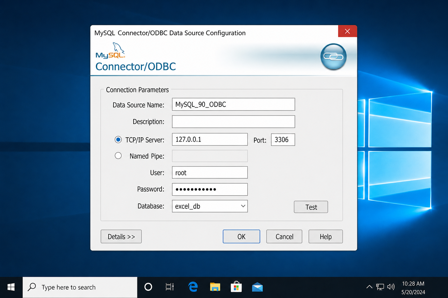 MySQL ODBC 9.0 Connector configuration dialog with Data Source Name, Server, Port, User, and Database fields filled in