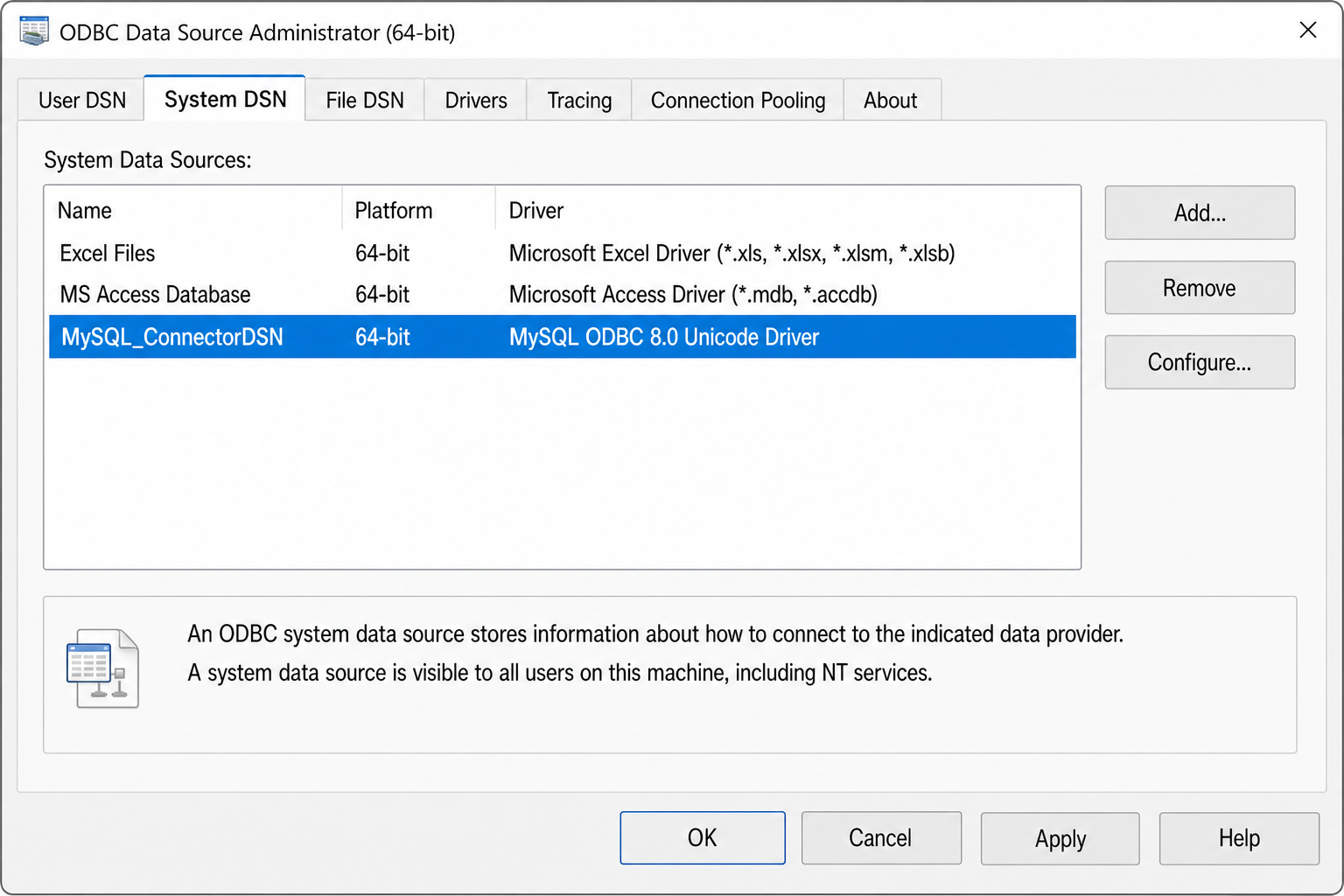 ODBC Data Source Administrator showing the newly created MySQL DSN listed under the System DSN tab