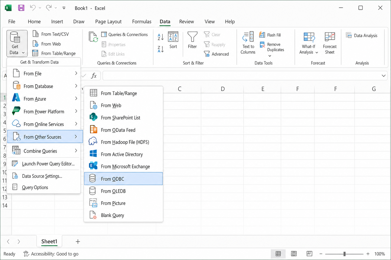 Excel 365 Data tab with Get Data > From Other Sources > From ODBC menu path highlighted