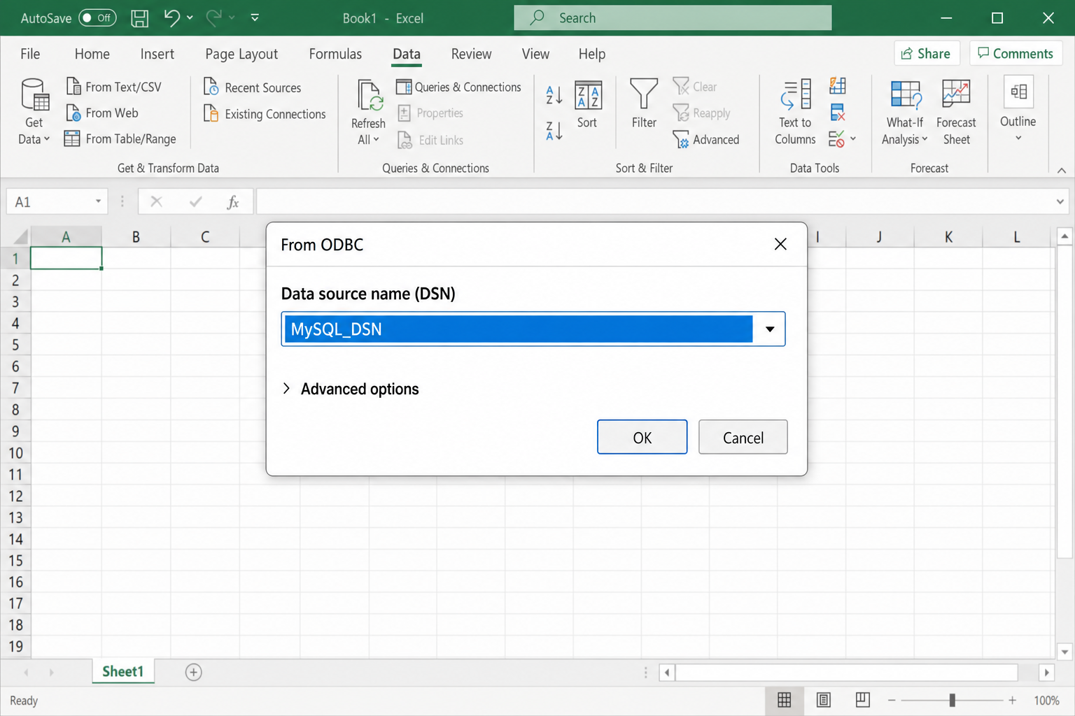 Excel "From ODBC" dialog with DSN dropdown showing the MySQL DSN selected