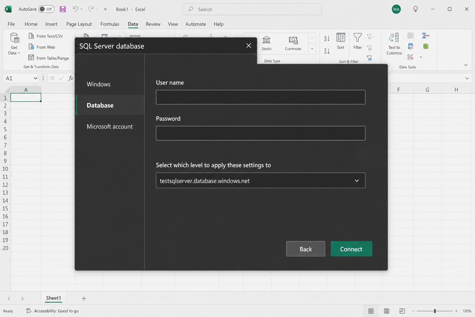 Excel Power Query credential dialog with "Database" option selected and username/password fields visible