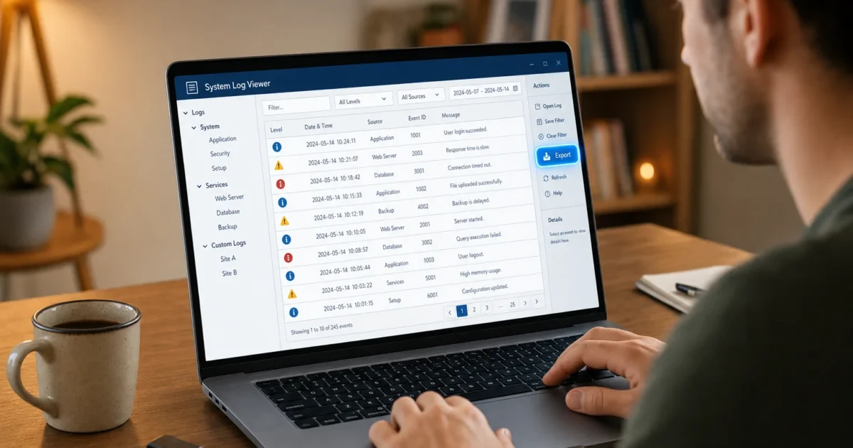 Person viewing a system log viewer on a laptop at a wooden desk in a home office.