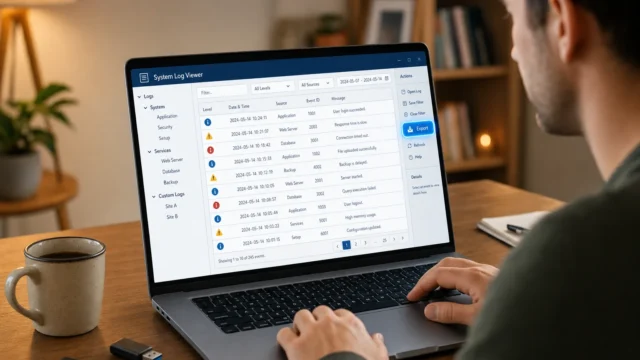 Person viewing a system log viewer on a laptop at a wooden desk in a home office.