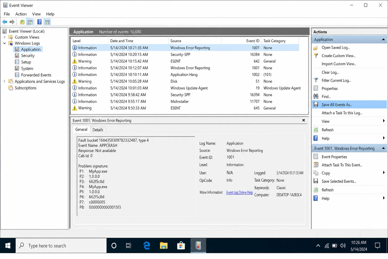 Event Viewer with Windows Logs > Application selected and the Actions pane on the right showing "Save All Events As..." highlighted