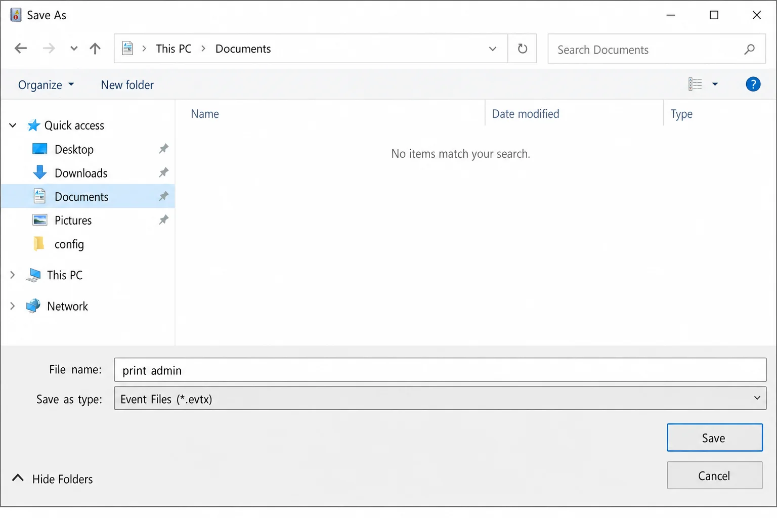 Save As dialog box with file name field filled in and "Event Files (*.evtx)" selected in the Save as type dropdown